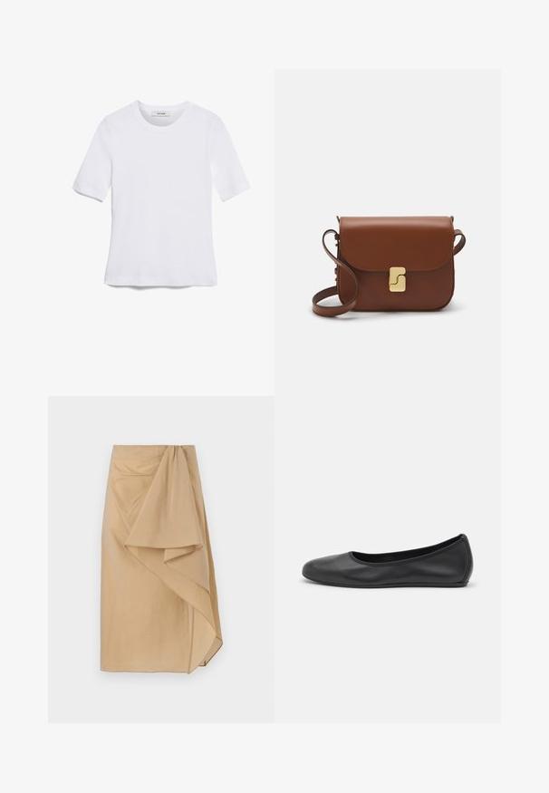 White short-sleeve t-shirt made of ribbed fabric. Round neckline, regular fit, and subtle stitching details. No patterns or graphics.; Beige wrap skirt in lightweight fabric with an asymmetric drape, featuring a gathered waistband and smooth texture. No visible fasteners.; Black leather ballet flat with a rounded toe, smooth texture, minimal stitching detail, and a flexible sole design.; Brown leather handbag with a flap closure, gold-tone hardware, a shoulder strap, and a smooth texture. Compact rectangular shape.