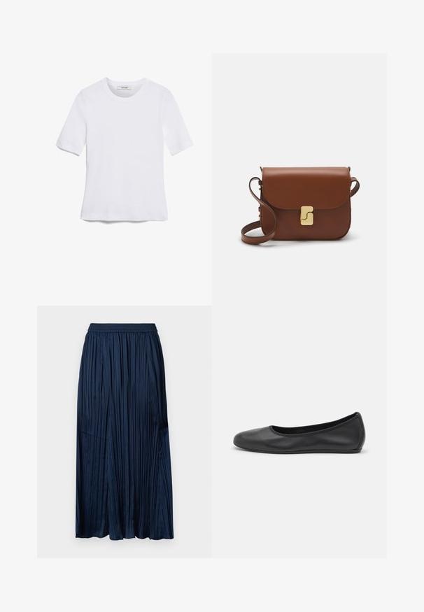 T-shirt blanc à manches courtes en tissu côtelé. Col rond, coupe régulière et détails de couture subtils. Aucune motif ni graphique.; Jupe maxi plissée marine avec taille élastique, présentant une texture lisse et un design évasé, tombant en dessous des genoux.; Ballerines en cuir noir avec un bout rond, texture lisse, détails de couture minimalistes et design de semelle flexible.; Sac à main en cuir marron avec une fermeture à rabat, des accents en métal doré, une bandoulière et une texture lisse. Forme rectangulaire compacte.