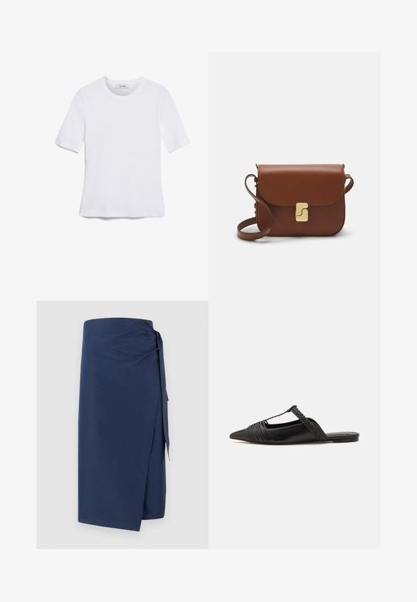 Fehér, rövid ujjú póló ribbed anyagból. Kerek nyakkivágás, normál szabás és diszkrét varrási részletek. Nincsenek minták vagy grafikák.; Sötétkék, sima anyagból készült, átfedéses szoknya, megkötős díszítéssel, egyenes vonalvezetéssel és enyhe redőzéssel a textúra fokozása érdekében.; Fekete bőr slingback cipő hegyes orral, szőtt díszítéssel és redőzött felső dizájnnal. Lapos talp minimális hardverrel.; Barna bőr kézitáska, hajtókás zárással, arany színű fém kiegészítőkkel, vállpánttal és sima felülettel. Kompakt téglalap alakú.