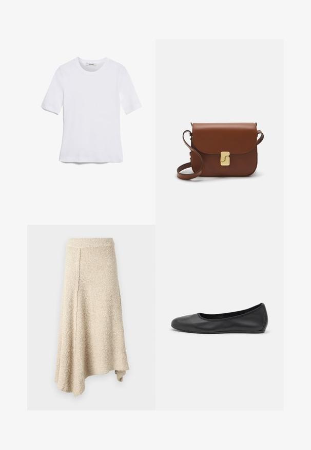 Tricou alb cu mânecă scurtă, confectionat dintr-un material texturat. Gât rotund, tăietură regulară și detalii subtile de cusătură. Fără modele sau grafice.; Fustă texturată bej cu un tiv evazat, având talie înaltă și un croi asimetric, realizată dintr-un material tricotat moale.; Balerini din piele neagră, cu vârf rotund, textură netedă, detalii de cusătură minimale și un design al tălpii flexibil.; Geantă de piele maro cu închidere tip capac, accesorii de culoare aurie, curea de umăr și o textură netedă. Formă compactă și rectangulară.