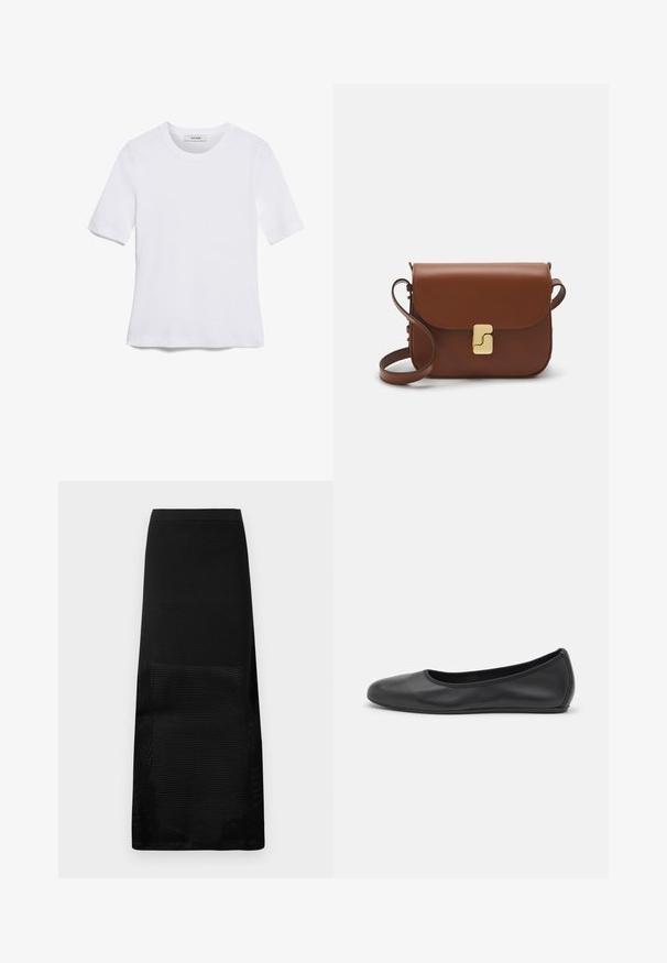 T-shirt blanc à manches courtes en tissu côtelé. Col rond, coupe régulière et détails de couture subtils. Aucune motif ni graphique.; Jupe longue noire avec un design en tricot texturé, dotée d'une taille noire unie et d'une silhouette droite. Dans l'ensemble, elle a un style minimaliste.; Ballerines en cuir noir avec un bout rond, texture lisse, détails de couture minimalistes et design de semelle flexible.; Sac à main en cuir marron avec une fermeture à rabat, des accents en métal doré, une bandoulière et une texture lisse. Forme rectangulaire compacte.
