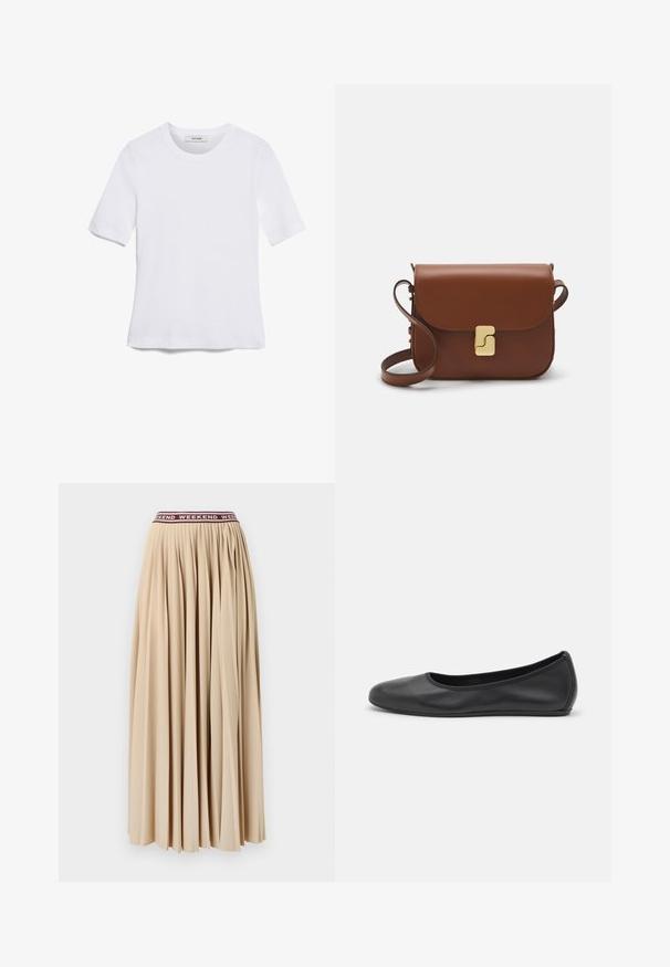 T-shirt blanc à manches courtes en tissu côtelé. Col rond, coupe régulière et détails de couture subtils. Aucune motif ni graphique.; Jupe maxi plissée en doux tissu beige, avec une taille élastique bordeaux affichant le mot "WEEKEND" répété. Aucune fermeture visible.; Ballerines en cuir noir avec un bout rond, texture lisse, détails de couture minimalistes et design de semelle flexible.; Sac à main en cuir marron avec une fermeture à rabat, des accents en métal doré, une bandoulière et une texture lisse. Forme rectangulaire compacte.
