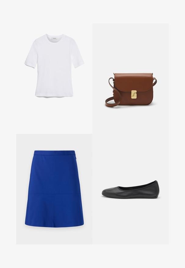 Tricou alb cu mânecă scurtă, confectionat dintr-un material texturat. Gât rotund, tăietură regulară și detalii subtile de cusătură. Fără modele sau grafice.; O fustă albastră confecționată dintr-un material neted, având o talie bine definită și un design simplu, evazat, fără embellishments sau modele.; Balerini din piele neagră, cu vârf rotund, textură netedă, detalii de cusătură minimale și un design al tălpii flexibil.; Geantă de piele maro cu închidere tip capac, accesorii de culoare aurie, curea de umăr și o textură netedă. Formă compactă și rectangulară.
