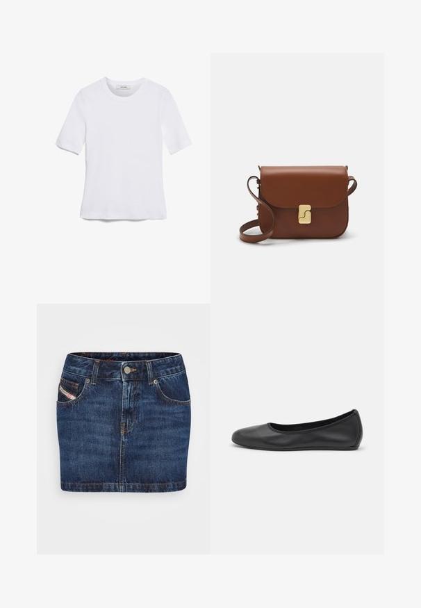 Valkoinen lyhythihainen t-paita, joka on valmistettu ribbytedusta kankaasta. Pyöreä pääntiie, normaali istuvuus ja hienovaraiset ompeluyksityiskohdat. Ei kuvioita tai grafiikkaa.; Tummansininen farkuhame, jossa on tiukka muotoilu, viisi taskua ja oranssit tikkaukset. Varustettu metallinappikiinnityksellä vyötäröllä.; Musta nahkainen ballerina, jossa on pyöristetty kärki, sileä pinta, minimaalinen ommelkoristelu ja joustava pohjamuotoilu.; Ruskea nahkainen käsilaukku, jossa on läppäkiinnitys, kultasävyiset yksityiskohdat, olkahihna ja sileä pinta. Kompaktin suorakaiteen muotoinen.