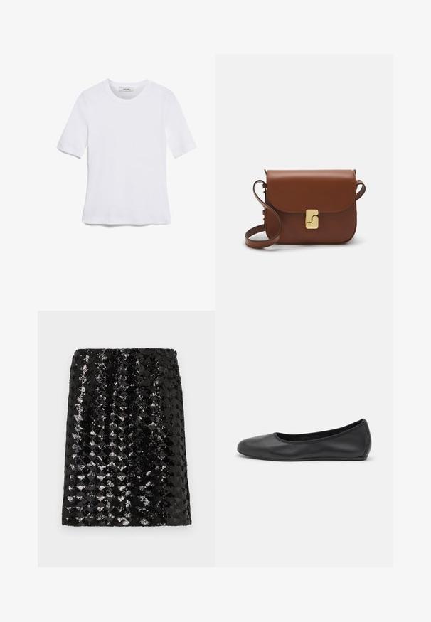 Bijela majica s kratkim rukavima izrađena od rebraste tkanine. Okrugli izrez, klasičan kroj i suptilni detalji šivanja. Bez uzoraka ili grafika.; Crna mini suknja prekrivena sjajnim, reflektivnim šljokicama koje stvaraju teksturirani, blistavi uzorak na jednostavnoj svijetloj pozadini.; Crne kožne baletanke s zaobljenim vrhom, glatke teksture, minimalnim detaljima šavova i fleksibilnim dizajnom potplata.; Smeđa kožna torba s preklopom, zlatnim detaljima, remenom za nošenje preko ramena i glatkom teksturom. Kompaktni pravokutni oblik.