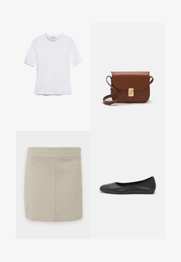 T-shirt bianca a maniche corte realizzata in tessuto a costine. Collo rotondo, vestibilità regolare e dettagli di cucitura sottili. Senza motivi o grafiche.; Mini gonna beige realizzata in tessuto morbido, con taglio dritto, design semplice e zip nascosta sul lato.; Pantofole da balletto nere in pelle con punta arrotondata, texture liscia, dettagli di cucitura minimi e design con suola flessibile.; Borsa a tracolla in pelle marrone con chiusura a pattina, hardware color oro, tracolla e una finitura liscia. Forma rettangolare compatta.