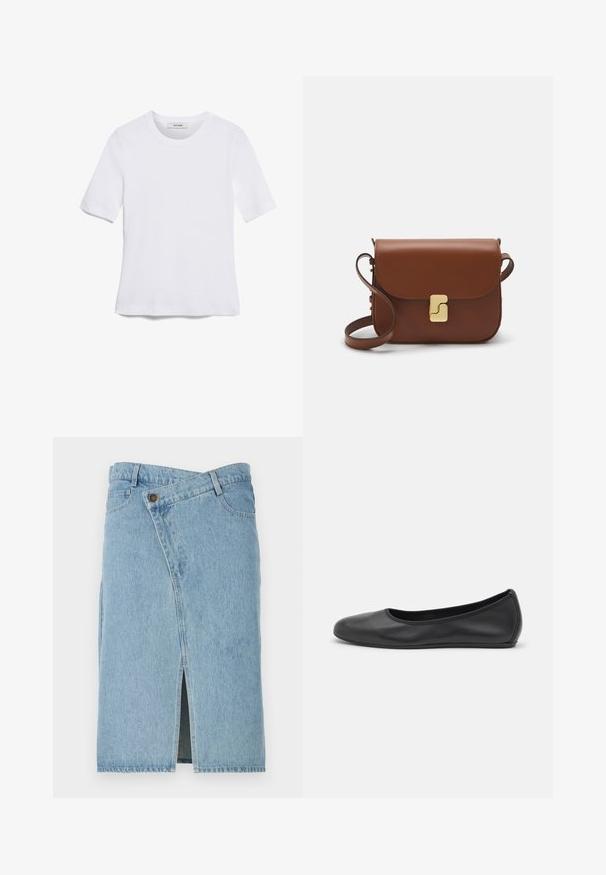 Fehér, rövid ujjú póló ribbed anyagból. Kerek nyakkivágás, normál szabás és diszkrét varrási részletek. Nincsenek minták vagy grafikák.; Világoskék farmer szoknya aszimmetrikus kialakítással és elülső hasítékkal. Gombos záródással és hagyományos, öt zsebes stílussal rendelkezik.; Fekete bőr balettcipő lekerekített orral, sima tekstúrával, minimális varrással és rugalmas talp kialakítással.; Barna bőr kézitáska, hajtókás zárással, arany színű fém kiegészítőkkel, vállpánttal és sima felülettel. Kompakt téglalap alakú.