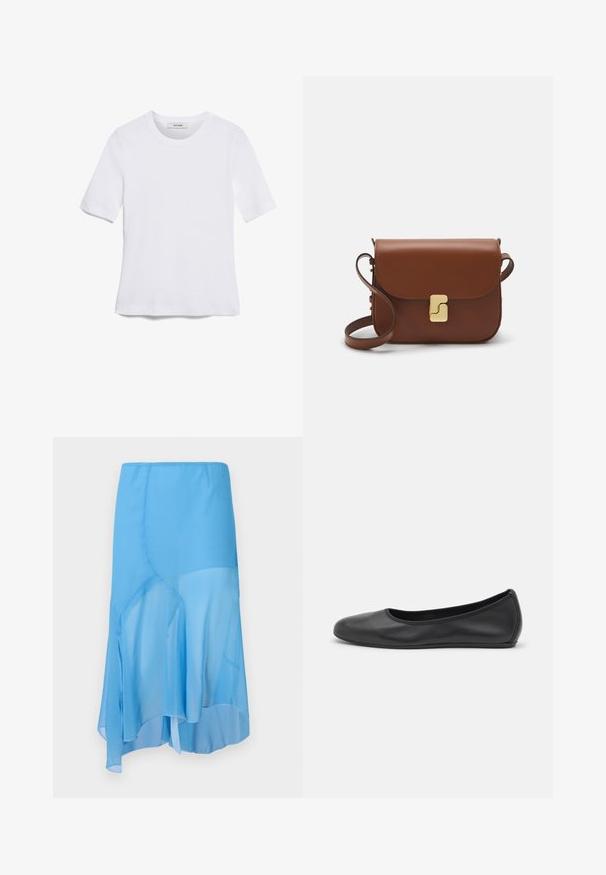 Balta trumpa rankovėmis marškinėliai, pagaminti iš pasiruošusio audinio. Apvali iškirptė, reguliari tinkamumas ir subtilūs siuvimo detalės. Be raštų ar grafikos.; AVAVAV DRAPED SKIRT - Trapecinis sijonas - blue; Juodai odiniai baletai su apvaliu pirštu, lygi texture, minimalus siuvimo detales ir lanksčiu padų dizainu.; Ruda odinė rankinė su uždaromu dangteliu, aukso spalvos detalėmis, petneša ir lygiu paviršiumi. Kompaktiška stačiakampio formos.