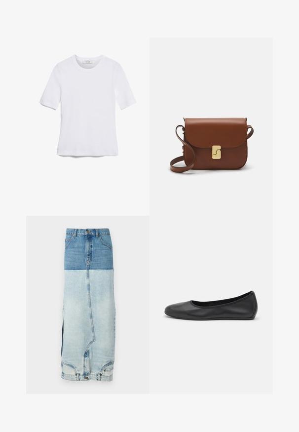 Tricou alb cu mânecă scurtă, confectionat dintr-un material texturat. Gât rotund, tăietură regulară și detalii subtile de cusătură. Fără modele sau grafice.; A.W.A.K.E. MODE MIRROR EFFECT SKIRT - Fustă denim - blue; Balerini din piele neagră, cu vârf rotund, textură netedă, detalii de cusătură minimale și un design al tălpii flexibil.; Geantă de piele maro cu închidere tip capac, accesorii de culoare aurie, curea de umăr și o textură netedă. Formă compactă și rectangulară.