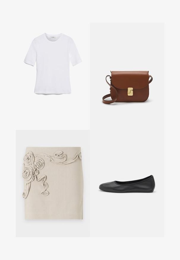 Balta īsām piedurknēm T-krekls, izgatavots no ribota auduma. Apaļš izgriezums, regulāra piegriezuma un diskrēti šuvumu detaļas. Bez printiem vai grafikām.; Bežs lina svārki ar teksturētām auduma rozāpu aplikācijām un čūskveida lentas detaļām, lai radītu dimensijas efektu. Gluda apdare.; Melna ādas baleta kurpe ar noapaļotu purngalu, gludu tekstūru, minimālu šuvju detalizāciju un elastīgu zoles dizainu.; Bordo ādas rokas soma ar atloku, zeltītām detaļām, plecu siksnu un gludu virsmu. Kompakta, taisnstūrveida forma.