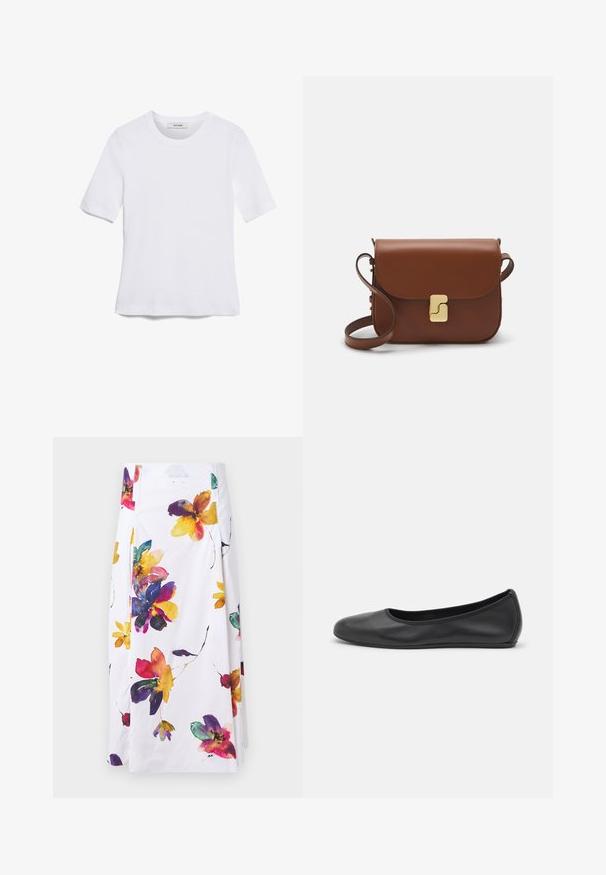 T-shirt blanc à manches courtes en tissu côtelé. Col rond, coupe régulière et détails de couture subtils. Aucune motif ni graphique.; Jupe fleurie blanche avec des motifs de fleurs aquarelle colorés en violet, jaune et rouge ; design plissé avec des détails de fermeture sur le côté.; Ballerines en cuir noir avec un bout rond, texture lisse, détails de couture minimalistes et design de semelle flexible.; Sac à main en cuir marron avec une fermeture à rabat, des accents en métal doré, une bandoulière et une texture lisse. Forme rectangulaire compacte.