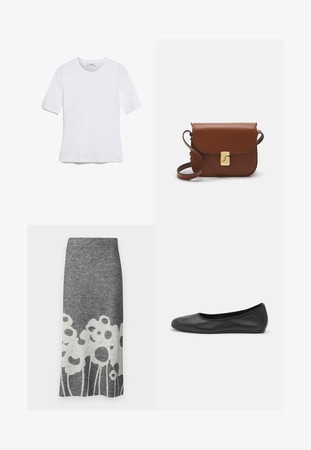 T-shirt de manga curta branca feita de tecido canelado. Decote redondo, ajuste regular e detalhes de costura subtis. Sem padrões ou gráficos.; Marimekko PIELI LAMMET - Saia lápis - light grey/off-white; Bailarina preta em pele com bico arredondado, textura suave, detalhe de costura minimalista e design de sola flexível.; Bolsa de couro castanho com fecho de aba, decoração em tom dourado, alça de ombro e textura suave. Formato retangular compacto.