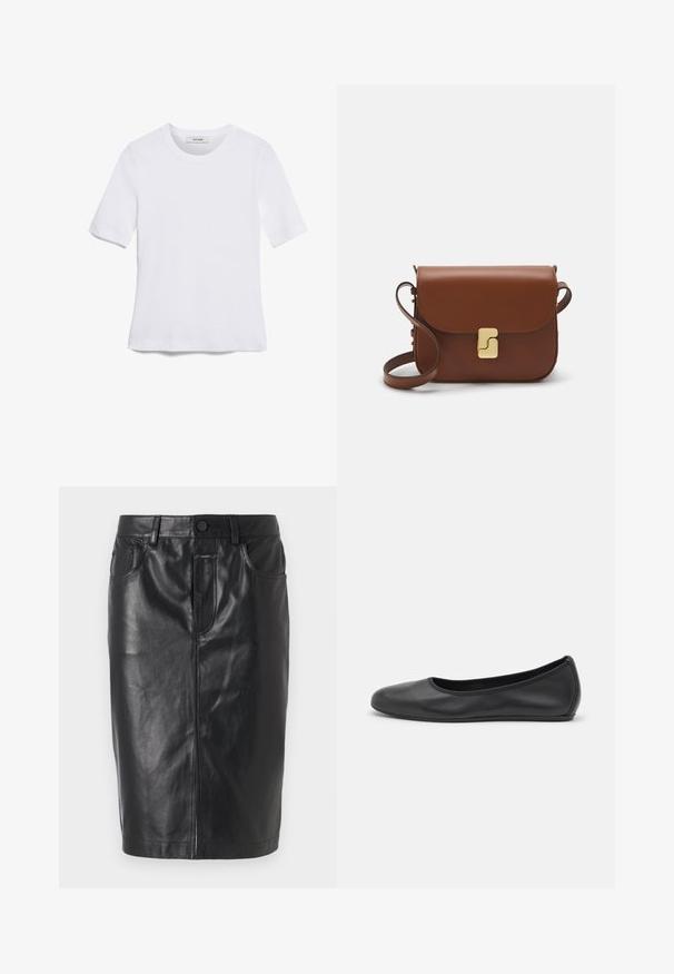 T-shirt blanc à manches courtes en tissu côtelé. Col rond, coupe régulière et détails de couture subtils. Aucune motif ni graphique.; Jupe en cuir noir au design ajusté, coupée à mi-longueur, avec fermeture éclair à l'avant et deux poches. Texture lisse avec des coutures visibles.; Ballerines en cuir noir avec un bout rond, texture lisse, détails de couture minimalistes et design de semelle flexible.; Sac à main en cuir marron avec une fermeture à rabat, des accents en métal doré, une bandoulière et une texture lisse. Forme rectangulaire compacte.