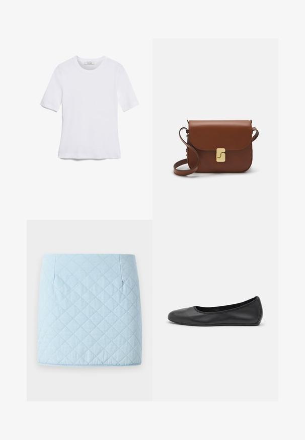 Witte korte mouwen t-shirt van ribstof. Ronde halslijn, normale pasvorm en subtiele stiksels. Geen patronen of grafische elementen.; Lichtblauwe gewatteerde rok met een ruitpatroon, voorzien van twee zijzakken en een rechte zoom. Gemaakt van een gestructureerde stof.; Zwarte leren ballerina met een ronde neus, gladde textuur, minimale stikdetails en een flexibele zoolontwerp.; Bruine leren handtas met een klep sluiting, gouden hardware, een schouderband en een gladde textuur. Compact rechthoekige vorm.