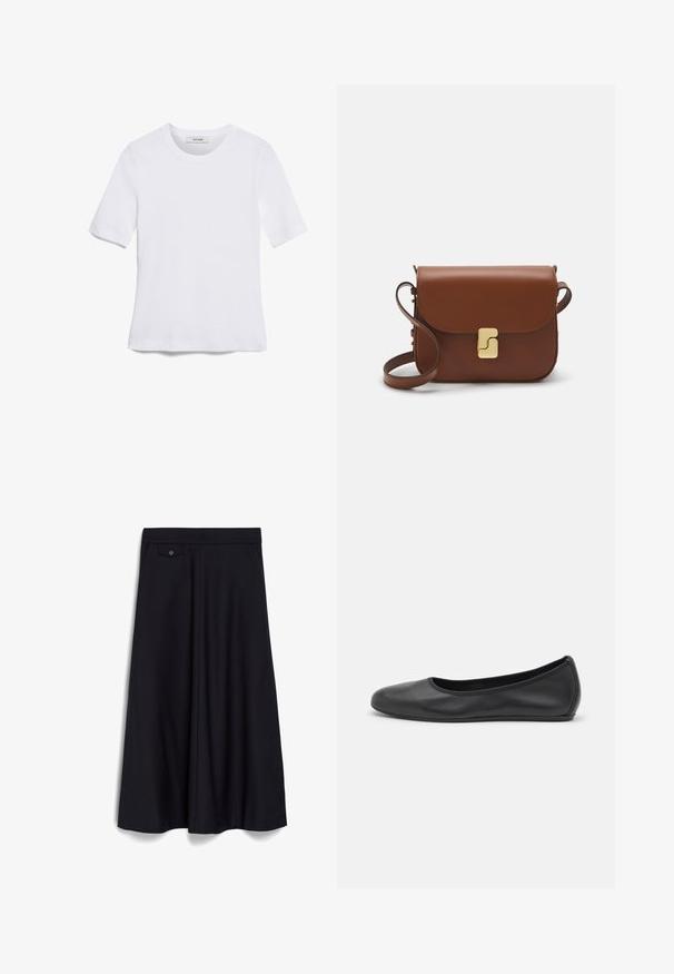 Tricou alb cu mânecă scurtă, confectionat dintr-un material texturat. Gât rotund, tăietură regulară și detalii subtile de cusătură. Fără modele sau grafice.; Fustă neagră, până la genunchi, cu un design larg și fluid. Prezintă un talie plată în față și un detaliu cu un singur nasture la buzunarul frontal.; Balerini din piele neagră, cu vârf rotund, textură netedă, detalii de cusătură minimale și un design al tălpii flexibil.; Geantă de piele maro cu închidere tip capac, accesorii de culoare aurie, curea de umăr și o textură netedă. Formă compactă și rectangulară.