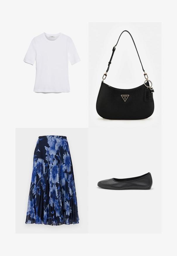 Biała koszulka krótki rękaw wykonana z materiału prążkowanego. Okrągły dekolt, regularny krój i subtelne detale szwów. Bez wzorów ani grafik.; Plisowana spódnica w ciemnogranatowym materiale z dużym kwiatowym nadrukiem w różnych odcieniach niebieskiego. Elastyczny pasek w talii dla wygody.; Czarne skórzane baletki z zaokrąglonym noskiem, gładką fakturą, minimalnymi przeszyciami i elastycznym designem podeszwy.; Czarna syntetyczna torba na ramię o zaokrąglonym kształcie, z teksturowanym wykończeniem, złotym logo w kształcie trójkąta i odczepianymi akcentami ze sprzętu.