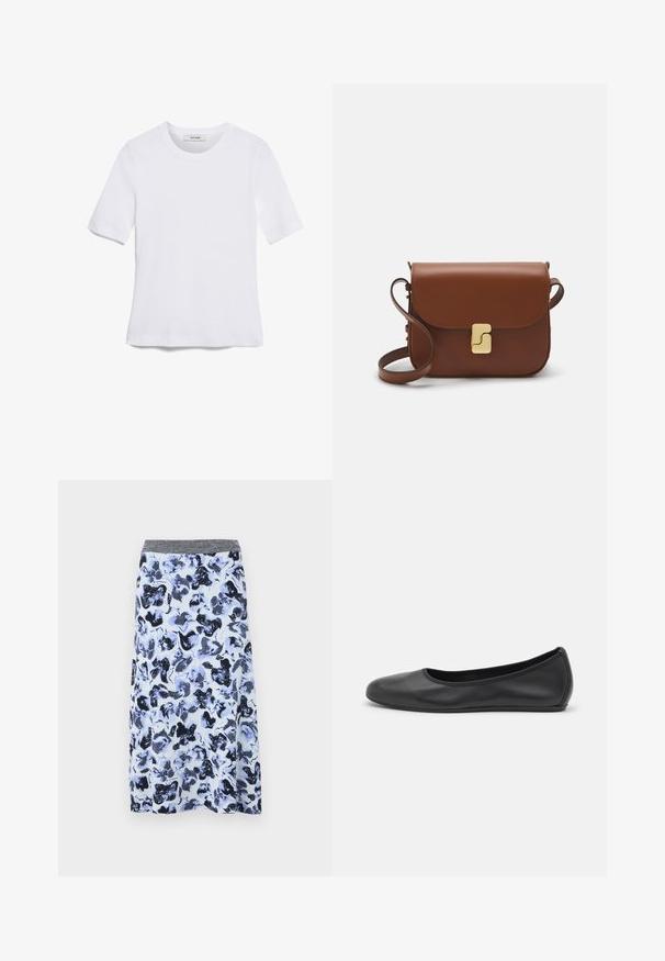 Bílá tričko s krátkým rukávem vyrobené z žebrované tkaniny. Kulatý výstřih, normální střih a jemné detaily šití. Bez vzorů nebo grafik.; Sukně v modro-bílé květinové potisku, vyrobená z lehkého materiálu, s šedým pasem a splývavým A-liniovým střihem. Obsahuje abstraktní tmavé květinové vzory.; Černé kožené baletní byty s kulatou špičkou, hladkou texturou, minimálními švy a flexibilním designem podrážky.; Hnědá kožená kabelka s klopou, zlatými kovovými detaily, ramenním popruhem a hladkým povrchem. Kompaktní obdélníkový tvar.