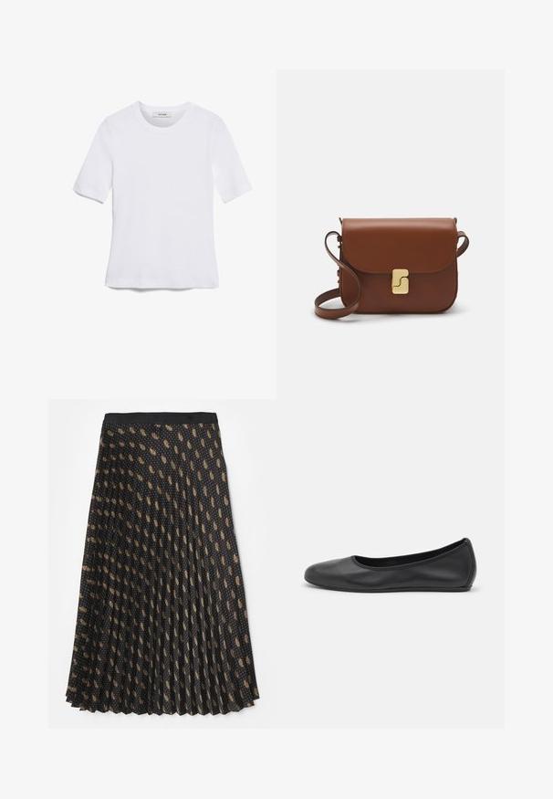 Valge lühikeste varrukatega T-särk ribatud kangast. Ümara kaelusega, tavalisest sobivusest ja peente õmbluse detailidega. Ilma mustrite või graafikateta.; sandro HELENA - Maksiseelik - moutarde/bordeaux; Musthave mustika tantsutossud mustast nahast, ümmarguse varbaga, siledast tekstuurist, minimaalse õmblusdetailiga ja paindliku tallakujundusega.; Pruunist nahast käekott, millel on klapiga sulgur, kuldne riistvara, õlarihm ja sile tekstuur. Kompaktne ristkülikukujuline vorm.