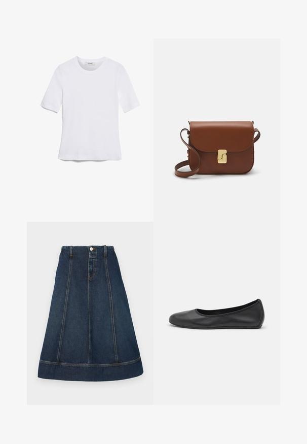 Valkoinen lyhythihainen t-paita, joka on valmistettu ribbytedusta kankaasta. Pyöreä pääntiie, normaali istuvuus ja hienovaraiset ompeluyksityiskohdat. Ei kuvioita tai grafiikkaa.; Tummansininen A-linjainen farkkuhame, jossa on nappikiinnitys vyötäröllä, viisi vyönlenkkiä ja erivärinen ompelu. Polvimittainen, huoliteltu reuna.; Musta nahkainen ballerina, jossa on pyöristetty kärki, sileä pinta, minimaalinen ommelkoristelu ja joustava pohjamuotoilu.; Ruskea nahkainen käsilaukku, jossa on läppäkiinnitys, kultasävyiset yksityiskohdat, olkahihna ja sileä pinta. Kompaktin suorakaiteen muotoinen.