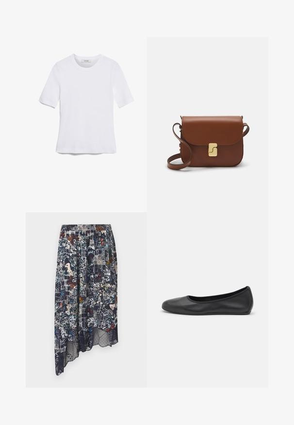 Valkoinen lyhythihainen t-paita, joka on valmistettu ribbytedusta kankaasta. Pyöreä pääntiie, normaali istuvuus ja hienovaraiset ompeluyksityiskohdat. Ei kuvioita tai grafiikkaa.; Zadig & Voltaire JOSLIN SOFT BUTTERFLIES - A-linjainen hame - encre; Musta nahkainen ballerina, jossa on pyöristetty kärki, sileä pinta, minimaalinen ommelkoristelu ja joustava pohjamuotoilu.; Ruskea nahkainen käsilaukku, jossa on läppäkiinnitys, kultasävyiset yksityiskohdat, olkahihna ja sileä pinta. Kompaktin suorakaiteen muotoinen.