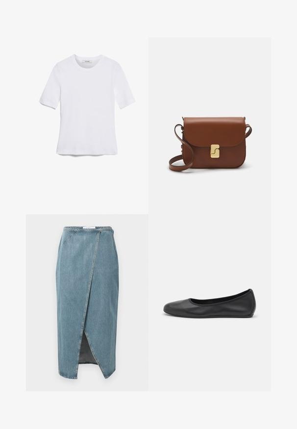 T-shirt de manga curta branca feita de tecido canelado. Decote redondo, ajuste regular e detalhes de costura subtis. Sem padrões ou gráficos.; Saia de ganga em azul claro com um design envolvente, apresentando costuras visíveis, uma fenda frontal e uma cintura ajustada.; Bailarina preta em pele com bico arredondado, textura suave, detalhe de costura minimalista e design de sola flexível.; Bolsa de couro castanho com fecho de aba, decoração em tom dourado, alça de ombro e textura suave. Formato retangular compacto.