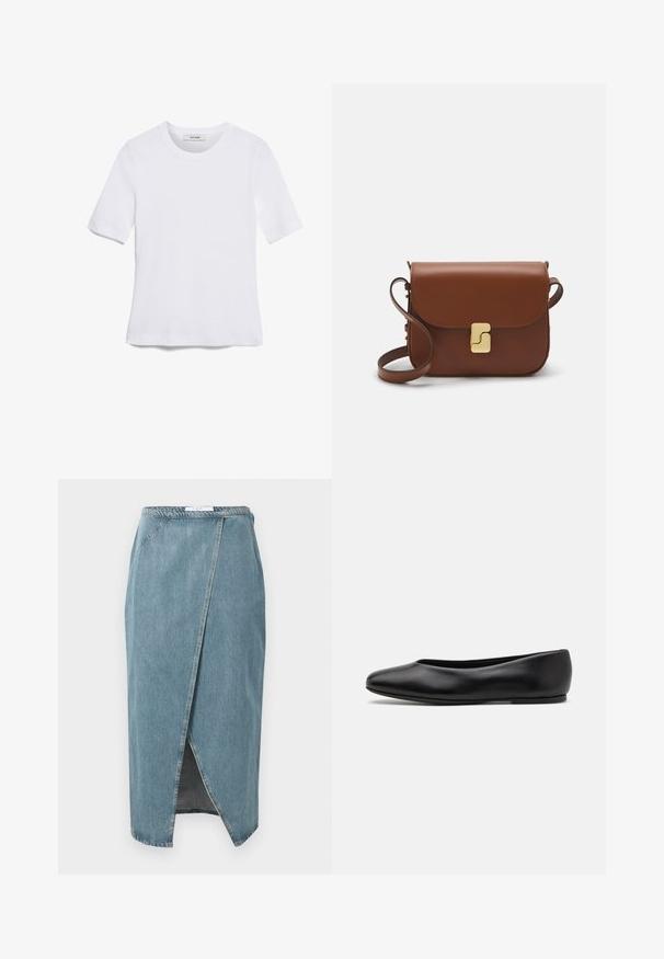 Bela kratka majica s kratkimi rokavi iz rebrastega materiala. Okrogla ovratnica, običajen kroj in subtilni šivi. Brez vzorcev ali grafik.; Denim krilo v svetlo modri barvi z ovitkovim dizajnom, vidnimi šivi, prednjim razporkom in oblikovanim pasom.; Paul Smith TOPANGA - Balerinke - black; Rjava usnjena torbica s poklopcem, zlato obarvani okovi, naramnica in gladka tekstura. Kompaktna pravokotna oblika.