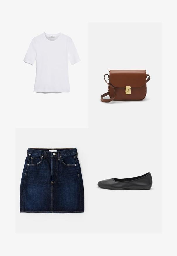 Valge lühikeste varrukatega T-särk ribatud kangast. Ümara kaelusega, tavalisest sobivusest ja peente õmbluse detailidega. Ilma mustrite või graafikateta.; Tumedat sinine denimsärk viie taskuga, kuldne õmblus ja klassikaline lõige. Sisaldab nööbi kinnitust ja vöörihmasid.; Musthave mustika tantsutossud mustast nahast, ümmarguse varbaga, siledast tekstuurist, minimaalse õmblusdetailiga ja paindliku tallakujundusega.; Pruunist nahast käekott, millel on klapiga sulgur, kuldne riistvara, õlarihm ja sile tekstuur. Kompaktne ristkülikukujuline vorm.