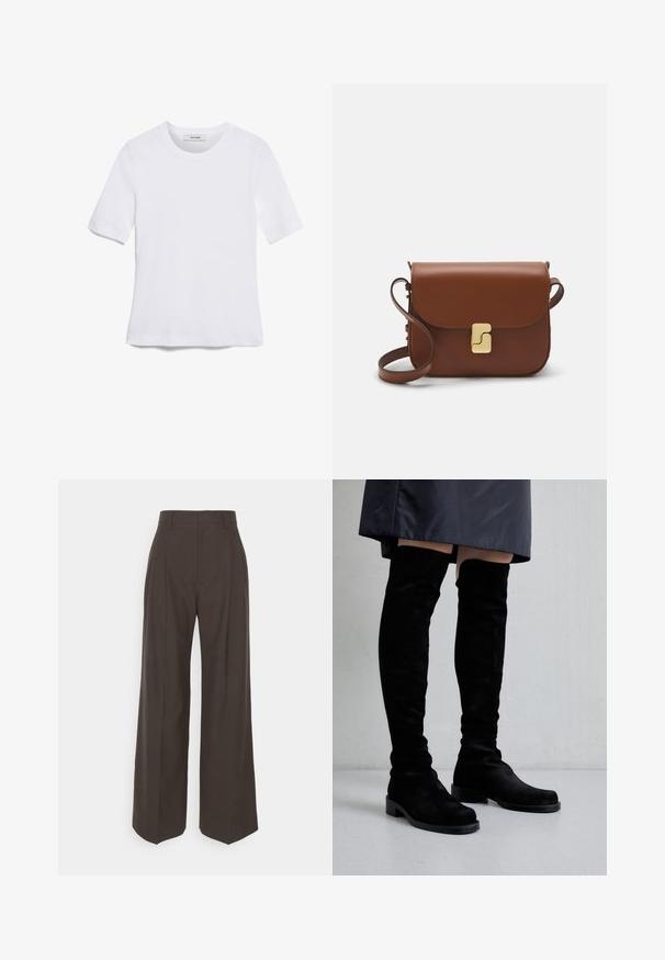 Bílá tričko s krátkým rukávem vyrobené z žebrované tkaniny. Kulatý výstřih, normální střih a jemné detaily šití. Bez vzorů nebo grafik.; Tmavě hnědé kalhoty s širokými nohavicemi a vysokým pasem, s elegantně vyžehlenými puky, hladkou texturou a přesným střihem.; Stuart Weitzman BOLD BOOT - Kozačky nad kolena - black; Hnědá kožená kabelka s klopou, zlatými kovovými detaily, ramenním popruhem a hladkým povrchem. Kompaktní obdélníkový tvar.