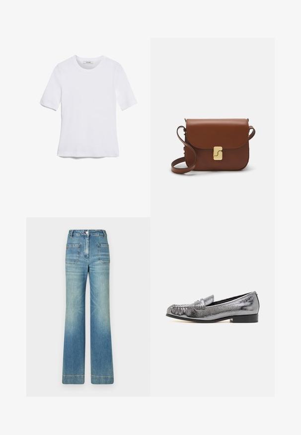 Biała koszulka krótki rękaw wykonana z materiału prążkowanego. Okrągły dekolt, regularny krój i subtelne detale szwów. Bez wzorów ani grafik.; Jasnoniebieskie dżinsy w kształcie dzwonów z pięcioma kieszeniami, szlufkami na pasek, zapięciem na guzik i lekko wyblakłą teksturą, z czerwonym logotypem na tyle.; Metaliczne srebrne skórzane loafersy z teksturowanym wykończeniem, z frędzlami i niskim czarnym obcasem. Klasyczny i elegancki kształt.; Brązowa skórzana torebka na ramię z klapką, złotymi detalami, paskiem na ramię i gładką teksturą. Kompaktowy prostokątny kształt.