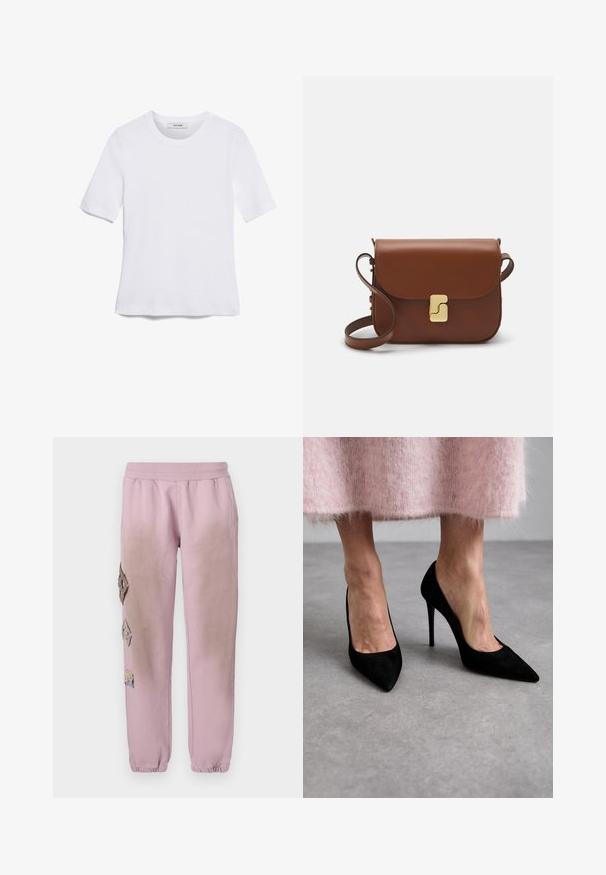 T-shirt blanc à manches courtes en tissu côtelé. Col rond, coupe régulière et détails de couture subtils. Aucune motif ni graphique.; Pantalon de survêtement rose avec une taille élastique, présentant des patches décoratifs en forme de diamant sur le côté gauche et des poignets élastiques aux chevilles.; Talons hauts en daim noir avec des pointes et des talons aiguilles. Portés avec une jupe en peluche rose, l'accent est mis sur le design et la texture des chaussures.; Sac à main en cuir marron avec une fermeture à rabat, des accents en métal doré, une bandoulière et une texture lisse. Forme rectangulaire compacte.