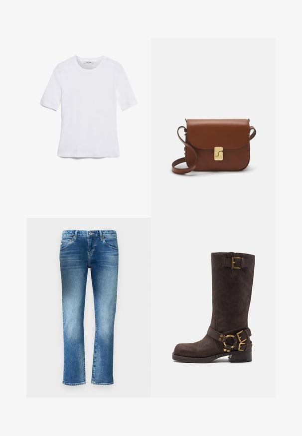 Valkoinen lyhythihainen t-paita, joka on valmistettu ribbytedusta kankaasta. Pyöreä pääntiie, normaali istuvuus ja hienovaraiset ompeluyksityiskohdat. Ei kuvioita tai grafiikkaa.; Vaaleansiniset farkut suoran lahkeen muotoilulla, hienovaraisella haalistuella ja keskipitkällä vyötäröllä. Varusteena viisi taskua ja vyölenkit.; Kahden vyön, pyöristetyllä kärjellä varustettu ruskea mokkanahkainen polven mittainen saapas, jossa on kultaiset yksityiskohdat ja matala paksu korko.; Ruskea nahkainen käsilaukku, jossa on läppäkiinnitys, kultasävyiset yksityiskohdat, olkahihna ja sileä pinta. Kompaktin suorakaiteen muotoinen.