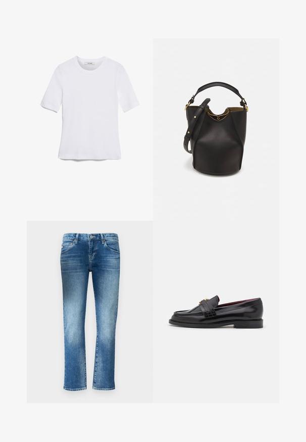 Valkoinen lyhythihainen t-paita, joka on valmistettu ribbytedusta kankaasta. Pyöreä pääntiie, normaali istuvuus ja hienovaraiset ompeluyksityiskohdat. Ei kuvioita tai grafiikkaa.; Vaaleansiniset farkut suoran lahkeen muotoilulla, hienovaraisella haalistuella ja keskipitkällä vyötäröllä. Varusteena viisi taskua ja vyölenkit.; Mustat nahkakengät, joissa on ommeltu kuvio, sileä pinta, kultainen solkiyksityiskohta ja pyöreä kärki, asetettu matalalle mustalle pohjalle.; Mustan nahka-buckettikassi, jossa on teksturoitu pinta, kultaiset metalliosat ja avoin yläosa. Ominaisuuksiin kuuluu lyhyt kahva ja säädettävä olkahihna.