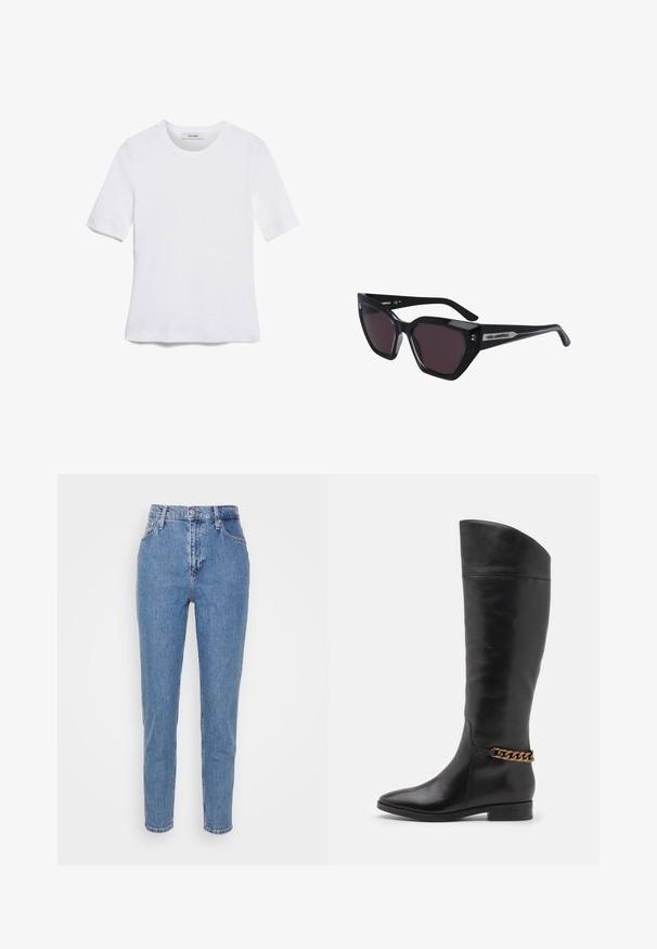 White short-sleeve t-shirt made of ribbed fabric. Round neckline, regular fit, and subtle stitching details. No patterns or graphics.; Blue high-waisted straight-leg jeans with front button and zipper, belt loops, and pockets, displayed on plain white background.; Tall black leather boots with a sleek design, pointed toe, and a gold chain accent at the ankle. Low block heel. Smooth texture.; Black sunglasses with a cat-eye design, featuring dark lenses, a glossy finish, and subtle logo accents on the temples.; Silver hoop earrings with a smooth, shiny finish. Rounded shape, lightweight design, featuring a post-back closure.