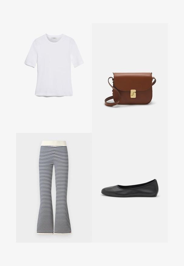 Witte korte mouwen t-shirt van ribstof. Ronde halslijn, normale pasvorm en subtiele stiksels. Geen patronen of grafische elementen.; Gestreepteuitlopende broek met een zachte ivoorkleurige tailleband, voorzien van marineblauwe en witte horizontale strepen en een delicate kanten afwerking aan de zoom.; Zwarte leren ballerina met een ronde neus, gladde textuur, minimale stikdetails en een flexibele zoolontwerp.; Bruine leren handtas met een klep sluiting, gouden hardware, een schouderband en een gladde textuur. Compact rechthoekige vorm.