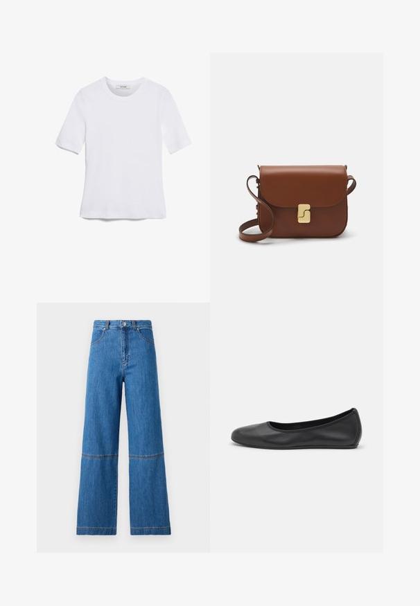 Camiseta de manga corta blanca hecha de tela de canalé. Cuello redondo, corte regular y detalles de costura sutiles. Sin patrones ni gráficos.; Jeans de mezclilla azul de pierna ancha con cintura alta, que presentan costuras dobles a la altura de la rodilla y un acabado de tejido texturizado.; Bailarina de piel negra con punta redondeada, textura suave, detalle de costura minimalista y diseño de suela flexible.; Bolso de mano de cuero marrón con cierre de solapa, herrajes en tono dorado, correa para el hombro y una textura suave. Forma rectangular compacta.