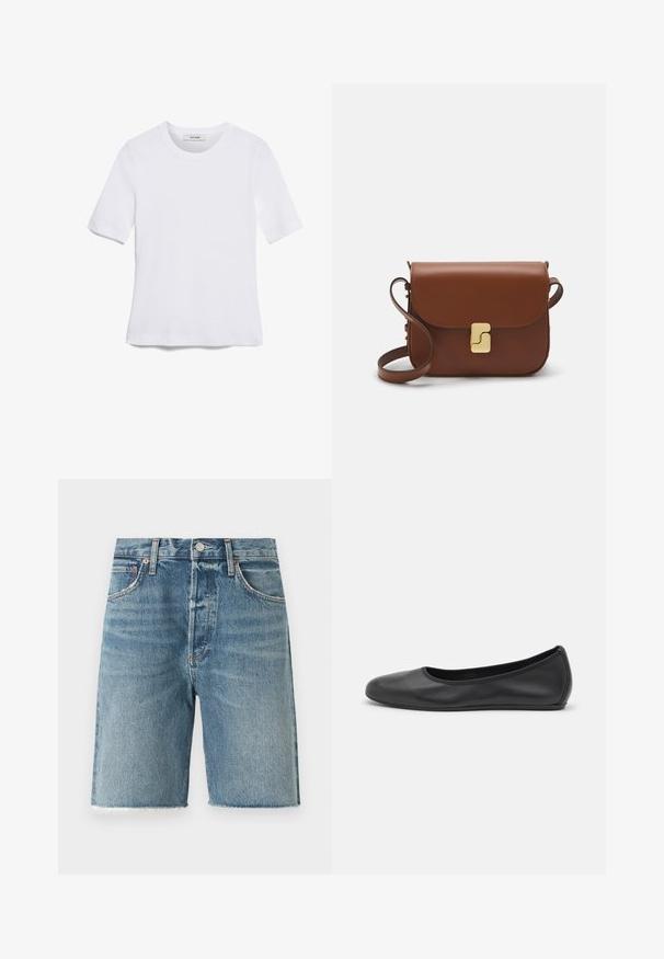 Camiseta de manga corta blanca hecha de tela de canalé. Cuello redondo, corte regular y detalles de costura sutiles. Sin patrones ni gráficos.; Shorts de mezclilla azul claro con dobladillo deshilachado, diseño de cinco bolsillos, cierre frontal con botón y detalles de costura visibles.; Bailarina de piel negra con punta redondeada, textura suave, detalle de costura minimalista y diseño de suela flexible.; Bolso de mano de cuero marrón con cierre de solapa, herrajes en tono dorado, correa para el hombro y una textura suave. Forma rectangular compacta.