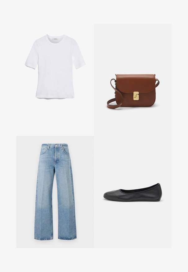 Bela kratka majica s kratkimi rokavi iz rebrastega materiala. Okrogla ovratnica, običajen kroj in subtilni šivi. Brez vzorcev ali grafik.; Svijetloplave široke traperice s visokim strukom, prednjim džepovima i blago izbjeljenom teksturom s razderanim rubovima.; Črne usnjene balerinke z zaobljenim nosom, gladko teksturo, minimalnimi šivi in fleksibilno zasnovo podplata.; Rjava usnjena torbica s poklopcem, zlato obarvani okovi, naramnica in gladka tekstura. Kompaktna pravokotna oblika.