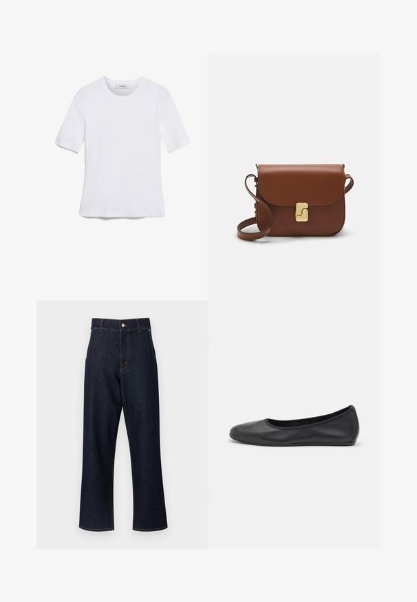 Balta īsām piedurknēm T-krekls, izgatavots no ribota auduma. Apaļš izgriezums, regulāra piegriezuma un diskrēti šuvumu detaļas. Bez printiem vai grafikām.; Tumši zilas džinsu bikses ar augstu jostas līniju, taisniem kājām, oranžiem šuvumu akcentiem un pogu aizdari. Nav redzami priekšējie kabatas.; Melna ādas baleta kurpe ar noapaļotu purngalu, gludu tekstūru, minimālu šuvju detalizāciju un elastīgu zoles dizainu.; Bordo ādas rokas soma ar atloku, zeltītām detaļām, plecu siksnu un gludu virsmu. Kompakta, taisnstūrveida forma.