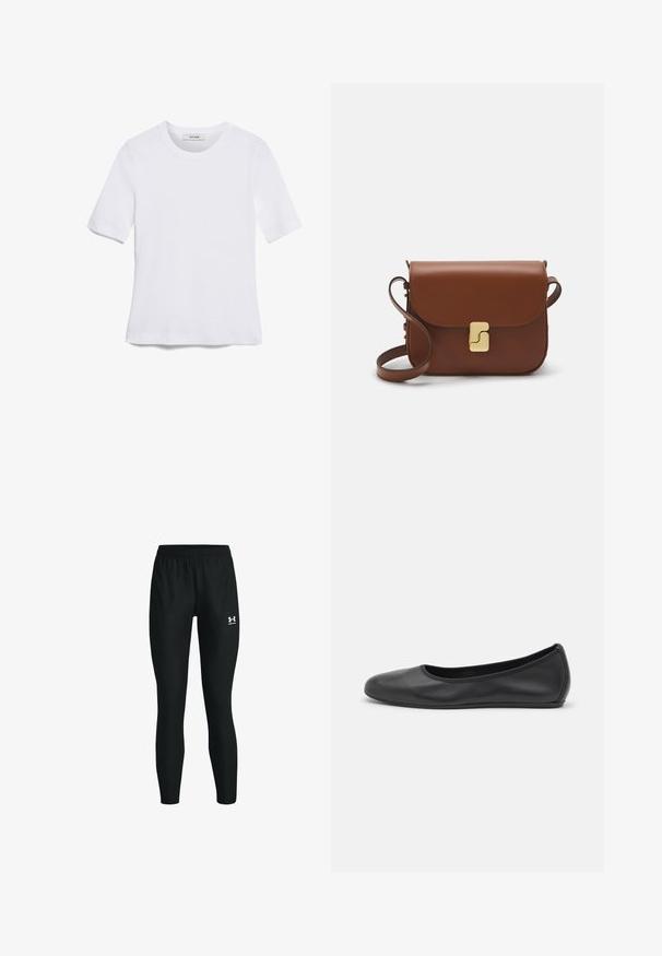 Witte korte mouwen t-shirt van ribstof. Ronde halslijn, normale pasvorm en subtiele stiksels. Geen patronen of grafische elementen.; Zwarte sportlegging met een elastische tailleband, met een aansluitende pasvorm en een klein wit logo op de linker kuit. Glad textuur.; Zwarte leren ballerina met een ronde neus, gladde textuur, minimale stikdetails en een flexibele zoolontwerp.; Bruine leren handtas met een klep sluiting, gouden hardware, een schouderband en een gladde textuur. Compact rechthoekige vorm.