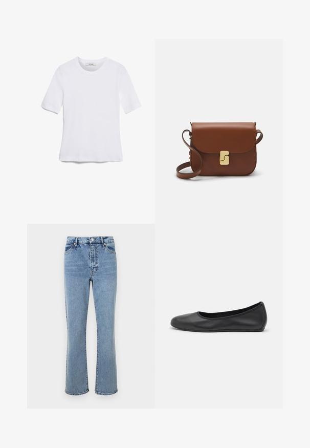 Bílá tričko s krátkým rukávem vyrobené z žebrované tkaniny. Kulatý výstřih, normální střih a jemné detaily šití. Bez vzorů nebo grafik.; Světle modré džíny z denimového materiálu, s vysokým pasem, rozšířenými nohavicemi, designem s pěti kapsami a kontrastním prošíváním.; Černé kožené baletní byty s kulatou špičkou, hladkou texturou, minimálními švy a flexibilním designem podrážky.; Hnědá kožená kabelka s klopou, zlatými kovovými detaily, ramenním popruhem a hladkým povrchem. Kompaktní obdélníkový tvar.