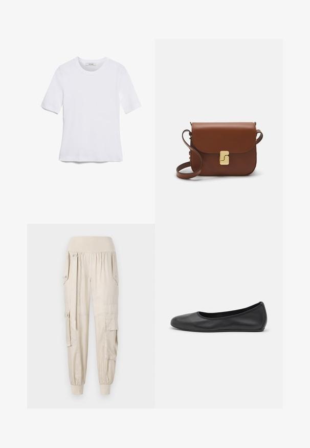 Weißes kurzärmliges T-Shirt aus geripptem Stoff. Runder Halsausschnitt, normale Passform und dezente Nähte. Keine Muster oder Grafiken.; Beige Cargo-Hosen mit elastischem Bund, schmal zulaufenden Bündchen, Seitentaschen und Knopfdetails. Aus leichtem Stoff mit glatter Textur gefertigt.; Schwarze Leder-Ballettschuhe mit abgerundeter Spitze, glatter Textur, minimalen Nähdetails und einem flexiblen Sohlen-Design.; Braune Ledertasche mit Klappenverschluss, Beschlägen in Goldfarbe, einem Schultergurt und einer glatten Oberfläche. Kompakte rechteckige Form.
