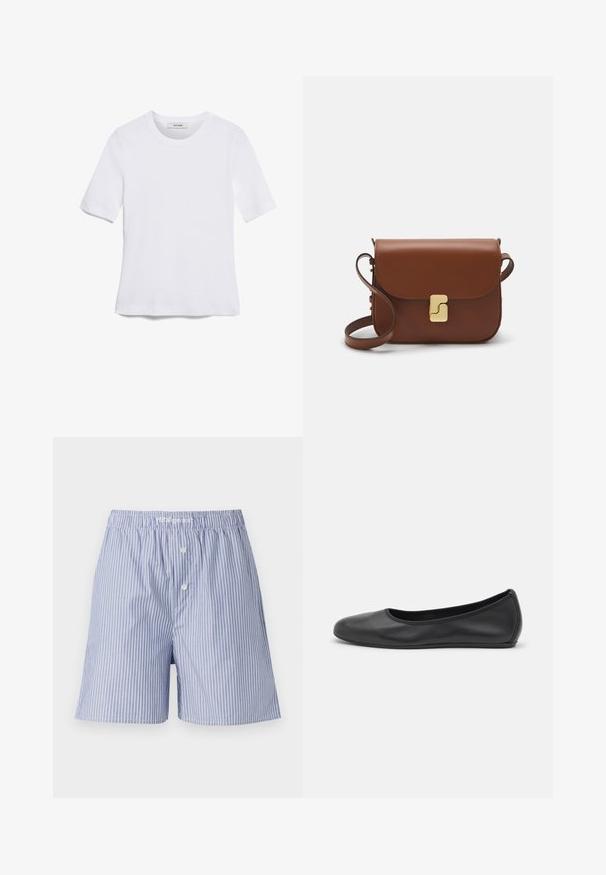 Bijela majica s kratkim rukavima izrađena od rebraste tkanine. Okrugli izrez, klasičan kroj i suptilni detalji šivanja. Bez uzoraka ili grafika.; Prugaste pamučne kratke hlače u plavoj i bijeloj boji, s elastičnom teretom, dva prednja gumba i opuštenim krojem.; Crne kožne baletanke s zaobljenim vrhom, glatke teksture, minimalnim detaljima šavova i fleksibilnim dizajnom potplata.; Smeđa kožna torba s preklopom, zlatnim detaljima, remenom za nošenje preko ramena i glatkom teksturom. Kompaktni pravokutni oblik.