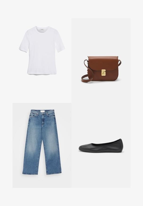 Biela krátka tričko s krátkymi rukávmi vyrobené z rebrovanej látky. Klasický okrúhly výstrih, bežný strih a jemné švy. Bez vzorov alebo grafiky.; Mother THE DODGER SNEAK - Džínsy s rovným strihom - blue denim; Čierne kožené baleríny s okrúhlou špičkou, hladkým povrchom, minimálnym prešívaním a flexibilným dizajnom podrážky.; Hnedá kožená kabelka s klopou, zlatými kovovými prvkami, ramenným popruhom a hladkým povrchom. Kompaktný obdĺžnikový tvar.