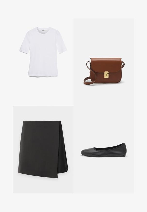 Biela krátka tričko s krátkymi rukávmi vyrobené z rebrovanej látky. Klasický okrúhly výstrih, bežný strih a jemné švy. Bez vzorov alebo grafiky.; Čierna minisukňa s vysokým pásom a asymetrickým zakončením, vyrobená z hladkej tkaniny, má minimalistický dizajn bez ozdôb.; Čierne kožené baleríny s okrúhlou špičkou, hladkým povrchom, minimálnym prešívaním a flexibilným dizajnom podrážky.; Hnedá kožená kabelka s klopou, zlatými kovovými prvkami, ramenným popruhom a hladkým povrchom. Kompaktný obdĺžnikový tvar.