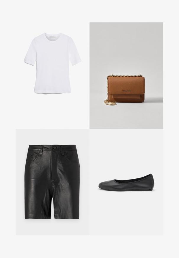 Bela kratka majica s kratkimi rokavi iz rebrastega materiala. Okrogla ovratnica, običajen kroj in subtilni šivi. Brez vzorcev ali grafik.; Črne usnjene hlače s gladko teksturo, ki imajo sprednji zadrgo, gumbasto zapiranje in klasičen dizajn s petimi žepi.; Črne usnjene balerinke z zaobljenim nosom, gladko teksturo, minimalnimi šivi in fleksibilno zasnovo podplata.; Rjava teksturirana usnjena torba čez ramo z zlatim verižnim trakom in zapiranjem na pokrov. Spredaj je vidna podrobnost logotipa in žep pod pokrovom.
