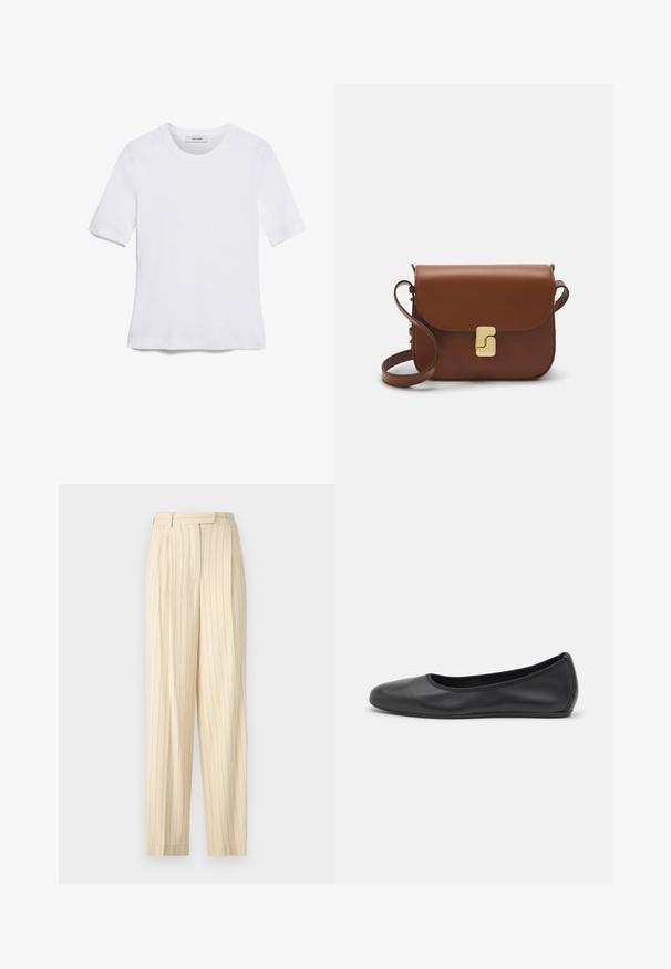 Balta īsām piedurknēm T-krekls, izgatavots no ribota auduma. Apaļš izgriezums, regulāra piegriezuma un diskrēti šuvumu detaļas. Bez printiem vai grafikām.; Bēšas svītrainas bikses ar augstu jostu, ar krokām un taisnu kāju dizainu. Izgatavotas no gludas auduma ar pielāgotu apdari.; Melna ādas baleta kurpe ar noapaļotu purngalu, gludu tekstūru, minimālu šuvju detalizāciju un elastīgu zoles dizainu.; Bordo ādas rokas soma ar atloku, zeltītām detaļām, plecu siksnu un gludu virsmu. Kompakta, taisnstūrveida forma.