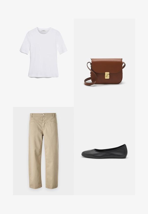Tricou alb cu mânecă scurtă, confectionat dintr-un material texturat. Gât rotund, tăietură regulară și detalii subtile de cusătură. Fără modele sau grafice.; Pantaloni din bumbac bej cu un design drept, având închidere cu nasture în față și detalii minime de cusătură pe talie și buzunare.; Balerini din piele neagră, cu vârf rotund, textură netedă, detalii de cusătură minimale și un design al tălpii flexibil.; Geantă de piele maro cu închidere tip capac, accesorii de culoare aurie, curea de umăr și o textură netedă. Formă compactă și rectangulară.