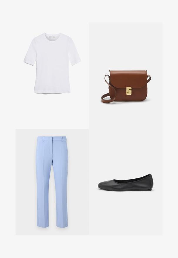 Biała koszulka krótki rękaw wykonana z materiału prążkowanego. Okrągły dekolt, regularny krój i subtelne detale szwów. Bez wzorów ani grafik.; Jasnoniebieskie dopasowane spodnie z płaskim przodem, dwiema bocznymi kieszeniami oraz subtelnymi zagięciami biegnącymi wzdłuż przodu każdej nogawki.; Czarne skórzane baletki z zaokrąglonym noskiem, gładką fakturą, minimalnymi przeszyciami i elastycznym designem podeszwy.; Brązowa skórzana torebka na ramię z klapką, złotymi detalami, paskiem na ramię i gładką teksturą. Kompaktowy prostokątny kształt.