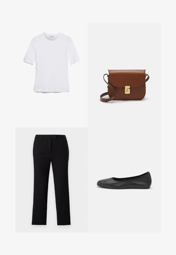 Balta trumpa rankovėmis marškinėliai, pagaminti iš pasiruošusio audinio. Apvali iškirptė, reguliari tinkamumas ir subtilūs siuvimo detalės. Be raštų ar grafikos.; Juodos tiesios kojos kelnės su plokščiu priekiu, liemeniu ir diržo kilpomis. Glotnus audinio tekstūra, minimalūs siuvimo detalės ir nematomi kišenės.; Juodai odiniai baletai su apvaliu pirštu, lygi texture, minimalus siuvimo detales ir lanksčiu padų dizainu.; Ruda odinė rankinė su uždaromu dangteliu, aukso spalvos detalėmis, petneša ir lygiu paviršiumi. Kompaktiška stačiakampio formos.