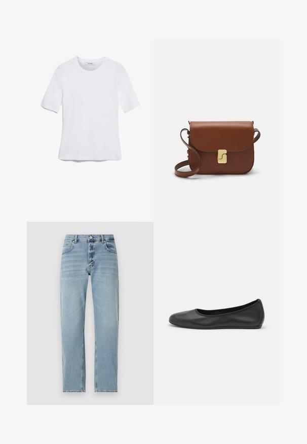 T-shirt de manga curta branca feita de tecido canelado. Decote redondo, ajuste regular e detalhes de costura subtis. Sem padrões ou gráficos.; Jeans de denim azul claro com corte reto, design de cinco bolsos e detalhes de costura visíveis. Textura ligeiramente desbotada nas pernas.; Bailarina preta em pele com bico arredondado, textura suave, detalhe de costura minimalista e design de sola flexível.; Bolsa de couro castanho com fecho de aba, decoração em tom dourado, alça de ombro e textura suave. Formato retangular compacto.